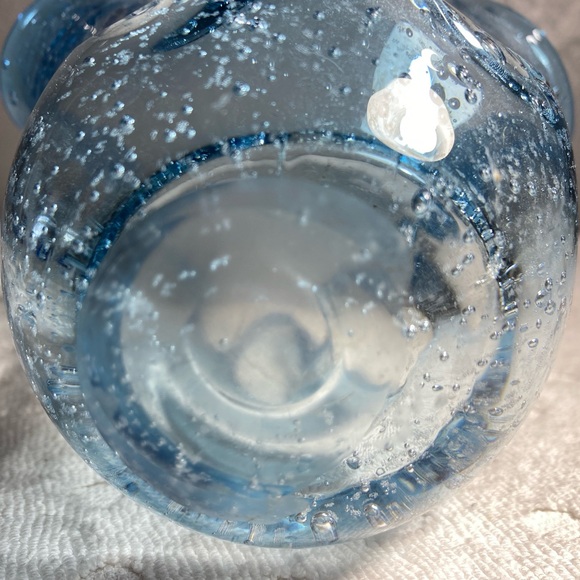 Vintage Blue Hand Blown Stretch Bubble Candle Art Glass Design Holder - Picture 6 of 11